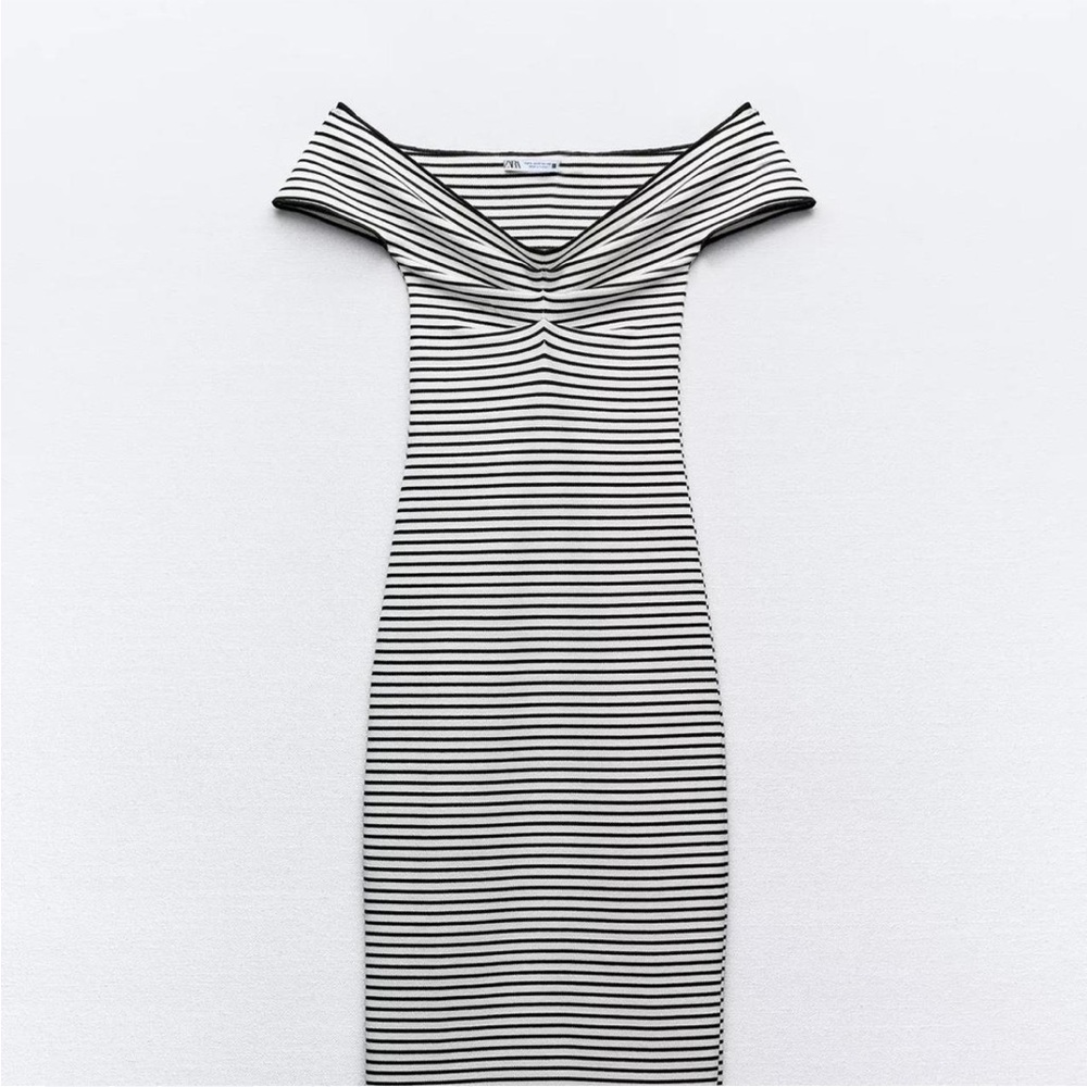 Zara Black and White Striped Off-Shoulder Midi Dress